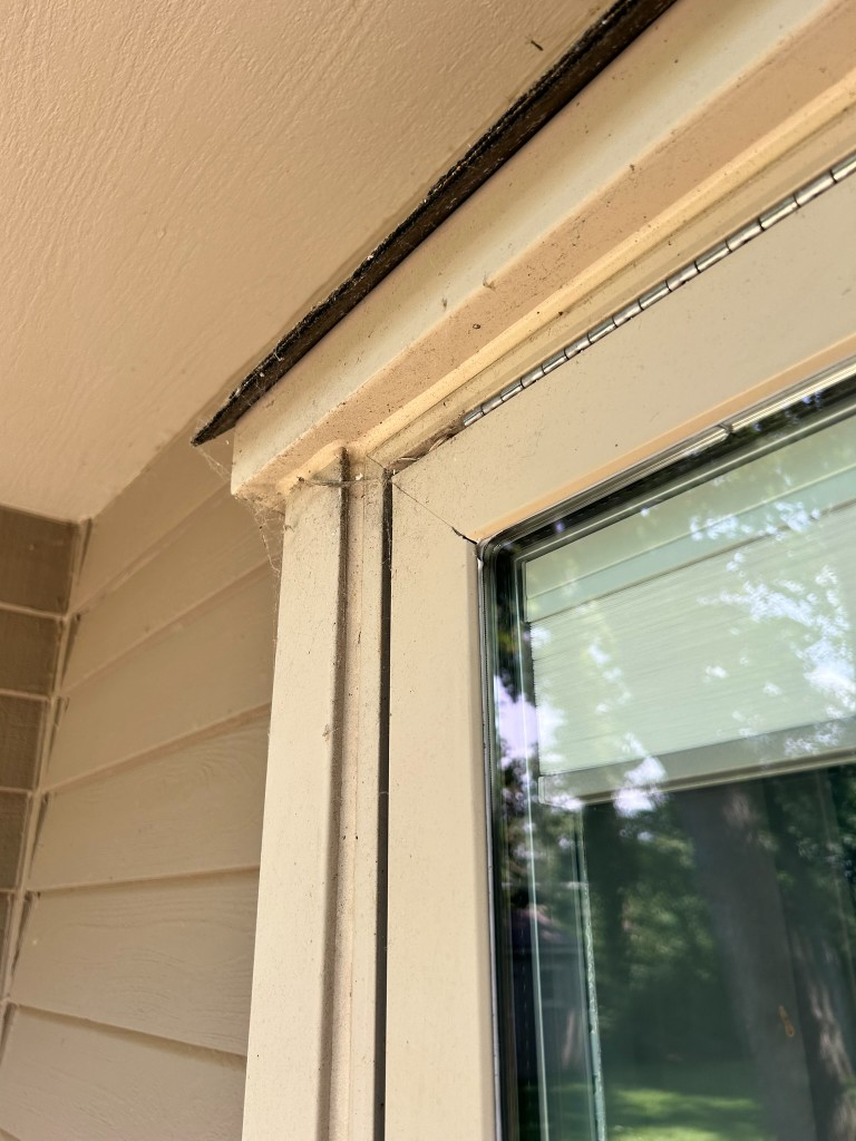 Exterior window trim and corner with cobwebs and weathered finish before work